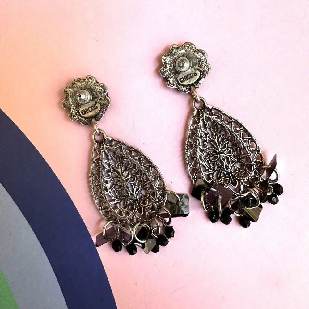 Chico’s   silver tone teardrop  black  drop earrings